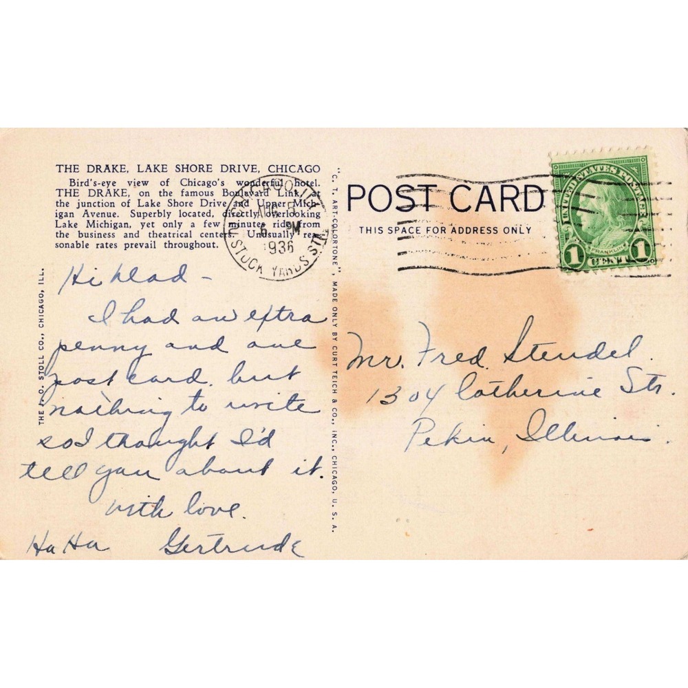 The Drake Hotel Chicago Illinois IL Skyline Curt Teich 1933 Linen Postcard - Picture 2 of 2